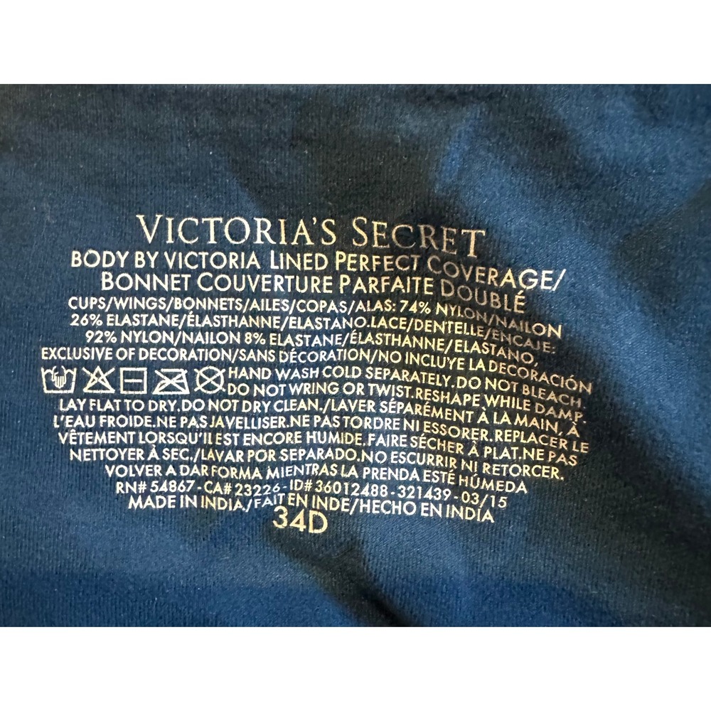 Victorias Secret Body Perfect Coverage Bra Lace Trim Blue 34D - Picture 3 of 3